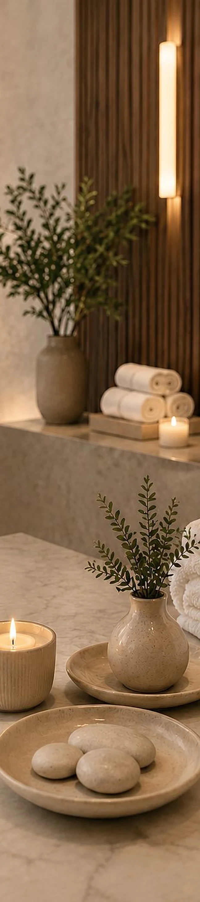 Un espacio de spa con velas, piedras y plantas, pensado para el descanso